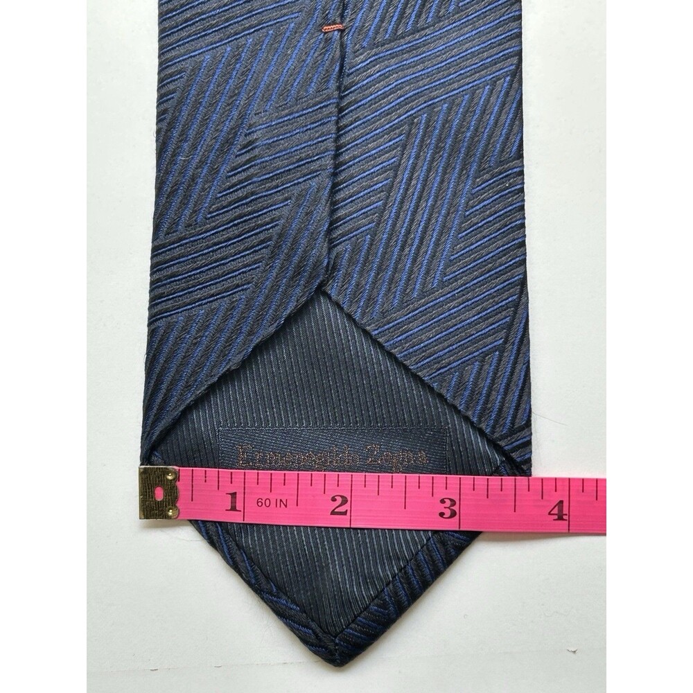 Ermenegildo Zegna Tie Mens Navy Blue Black Geometric Chevron Striped Woven Silk - Picture 6 of 6